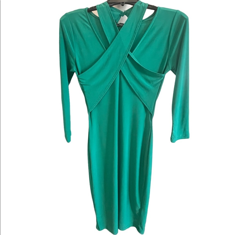 Women’s Medium Midi Slinky Turquoise Neck Tie Formal Bodycon Long Sleeve Dress